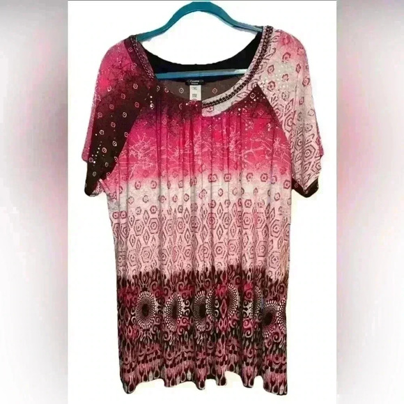 Cocomo Top Womens Sz 3X Multicolor Pink Print Stretch Short Sleeve Blouse EUC - Picture 1 of 8